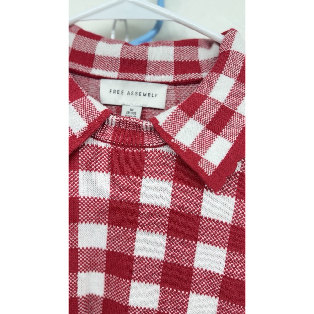 Free Assembly Red White Gingham Puff Sleeve Sweater Top M  10-12 Fall Schoolgirl